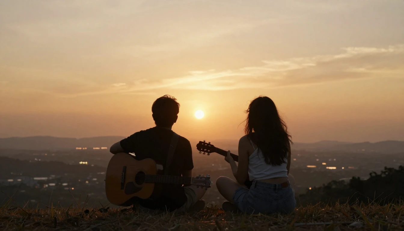 Two silhouettes of friends sitting on a hill watching a warm...