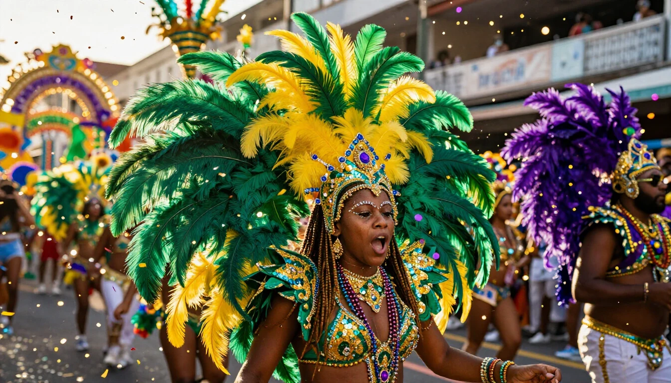A vibrant and explosive scene of a Carnival celebration. The...