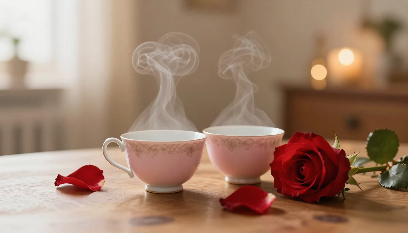 A serene and romantic scene featuring two delicate porcelain...