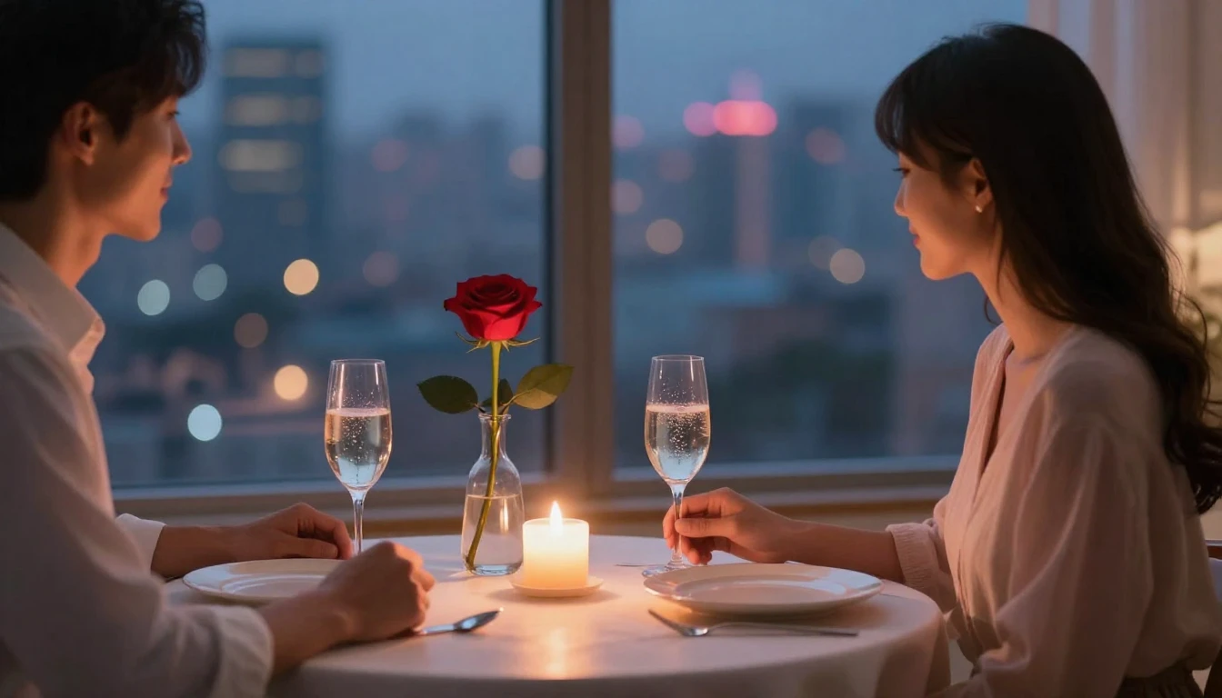 A romantic and dreamy scene depicting a cozy dinner for two ...