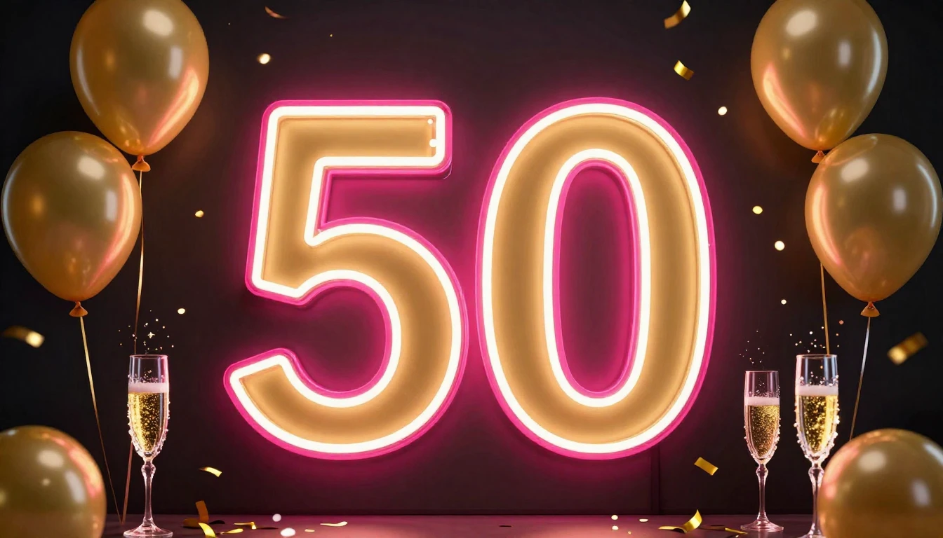 A vibrant and elegant birthday celebration scene for a 50th ...