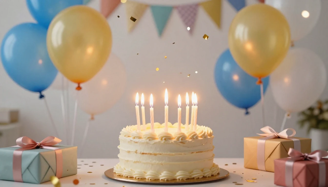 A bright and festive birthday celebration scene, centered on...