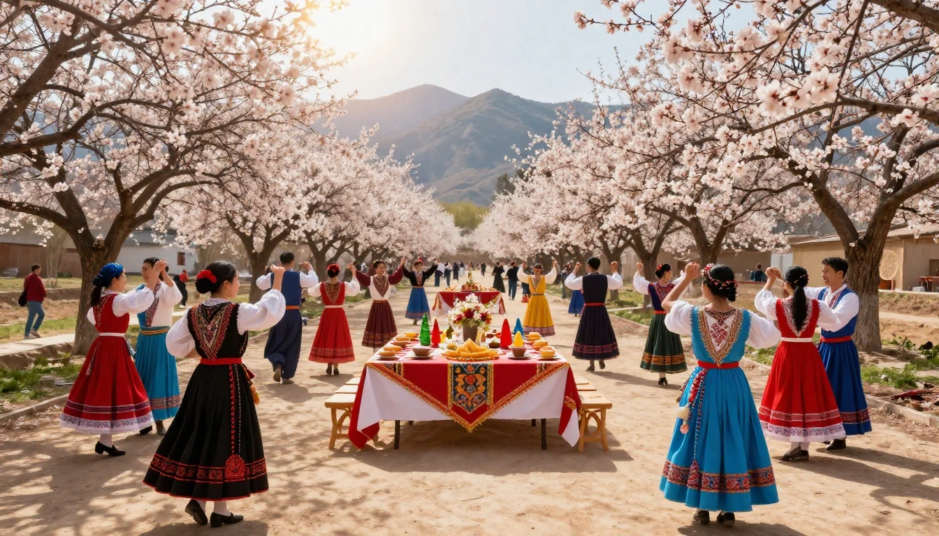 A joyous spring celebration scene with blossoming almond tre...