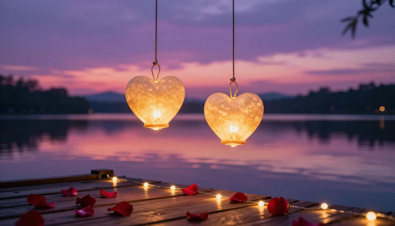 A breathtakingly romantic scene featuring two glowing heart-...