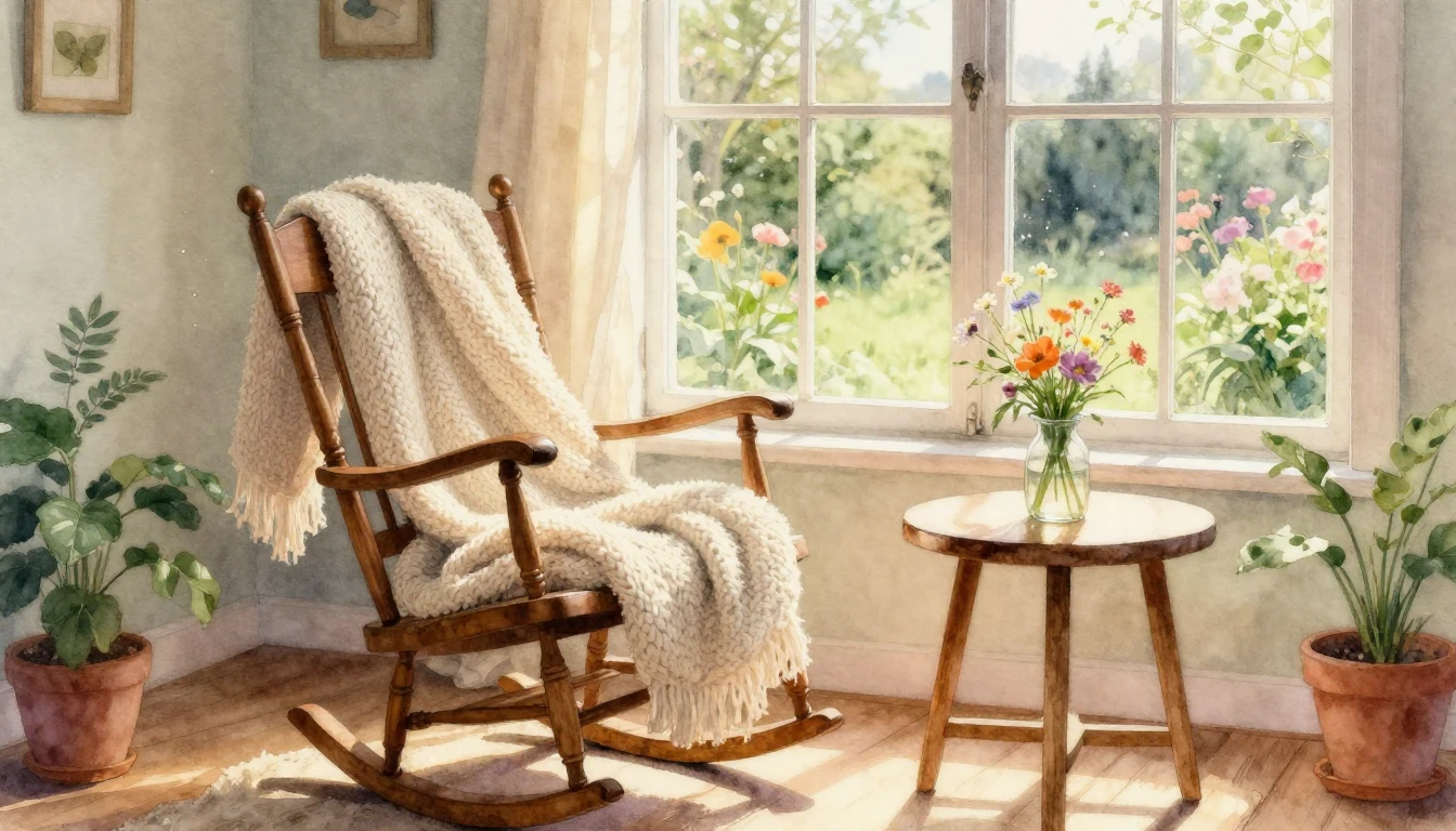 A beautiful watercolor painting of a cozy sunlit living room...
