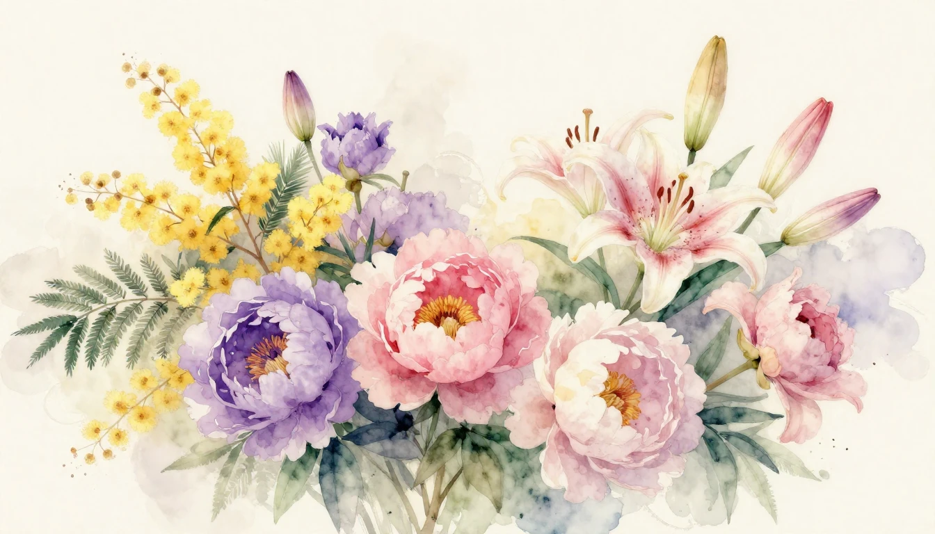A beautiful and delicate watercolor painting featuring a var...