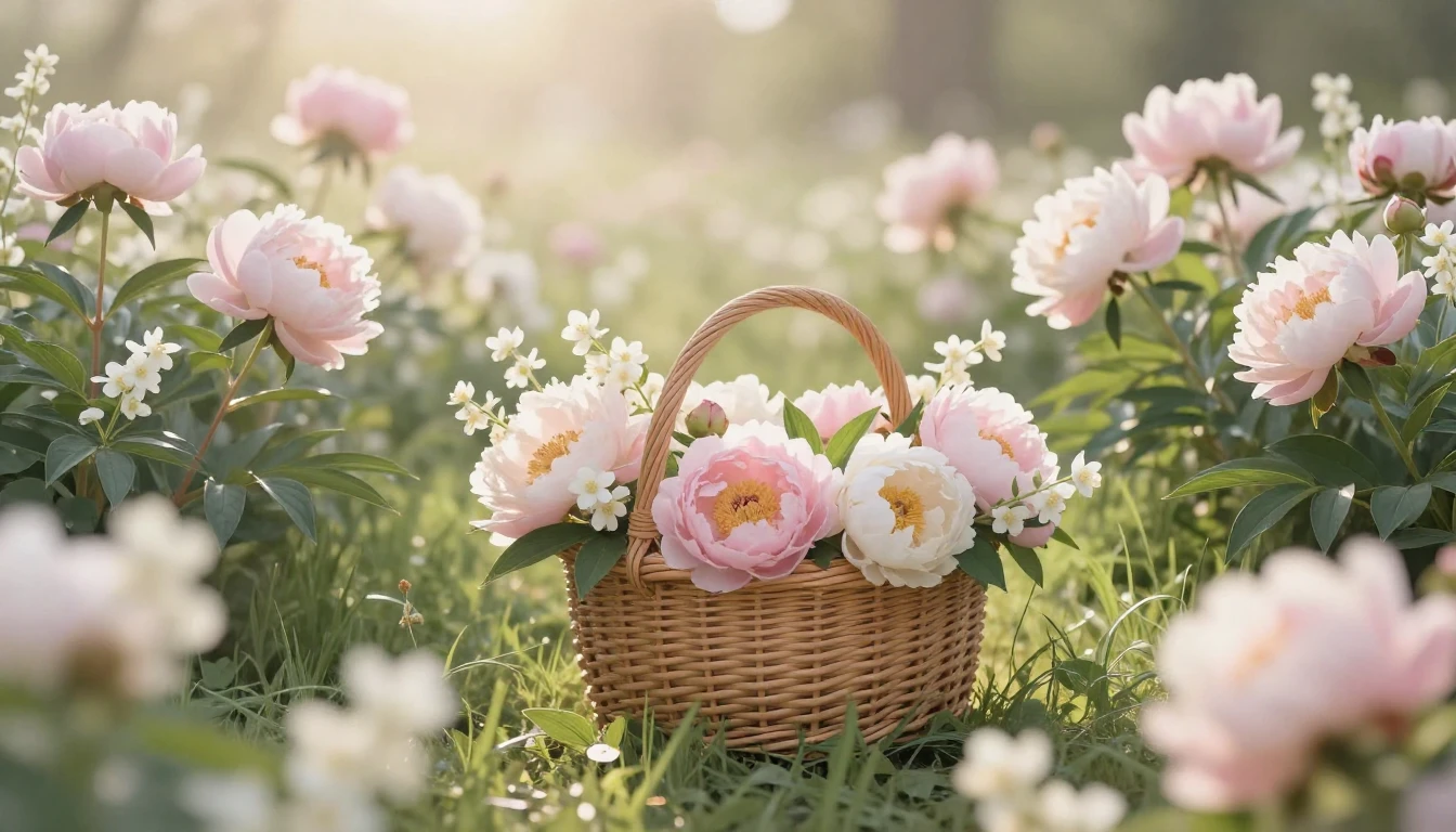 A serene and sun-drenched meadow filled with blooming pink p...