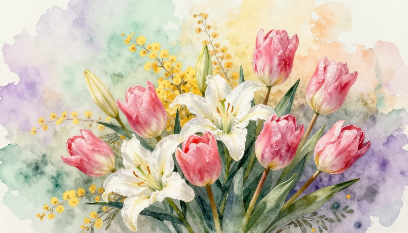 A delicate watercolor painting of a lush spring bouquet feat...
