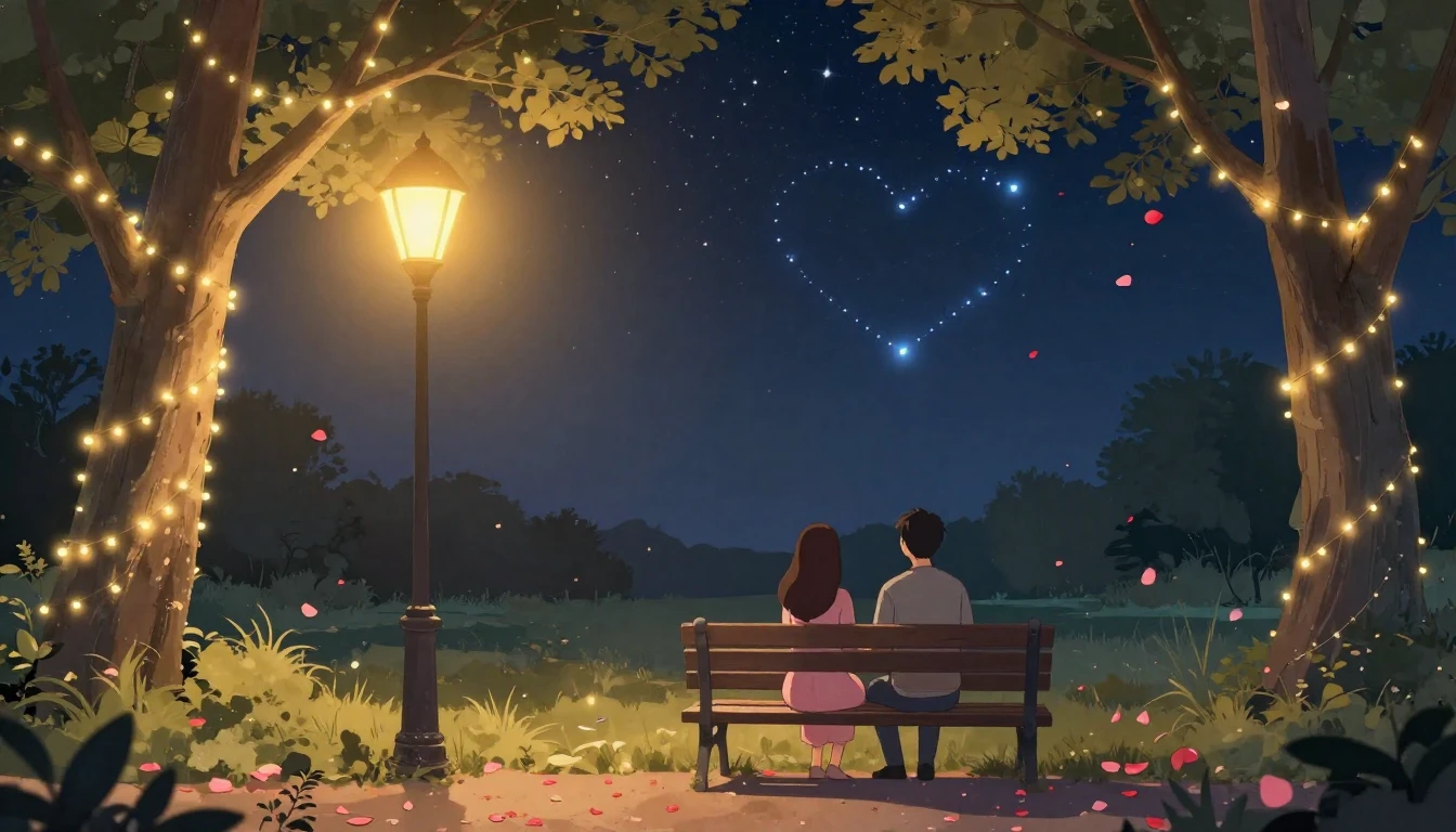 A romantic illustration of a couple sitting on a bench in a ...