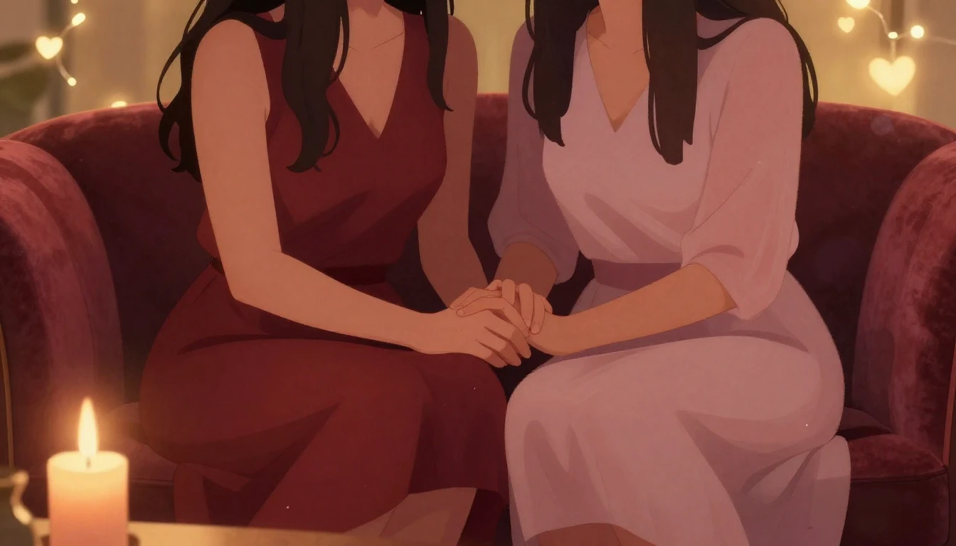 A romantic and intimate illustration of a couple sitting clo...