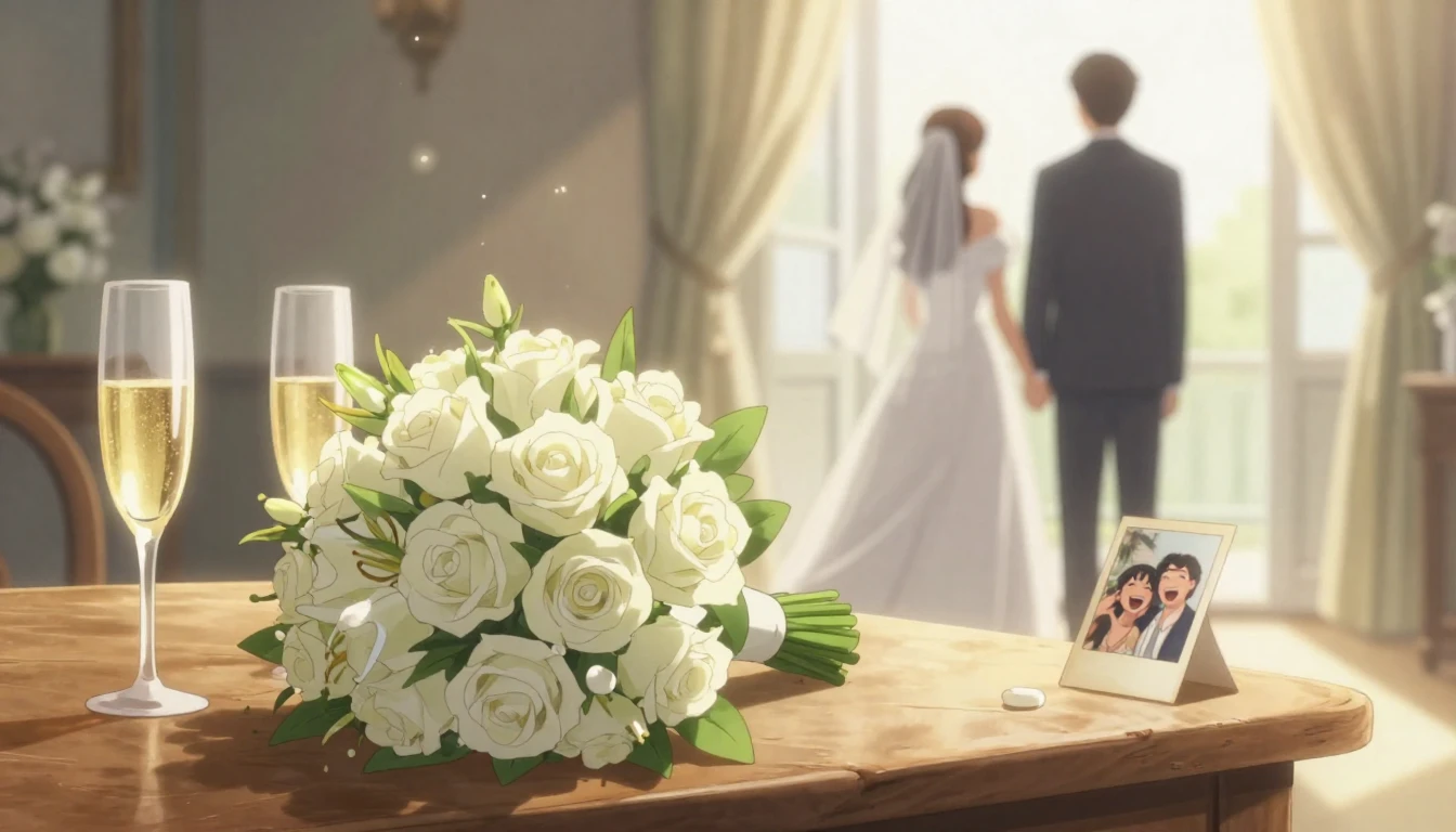A sentimental anime-style illustration focusing on a wedding...