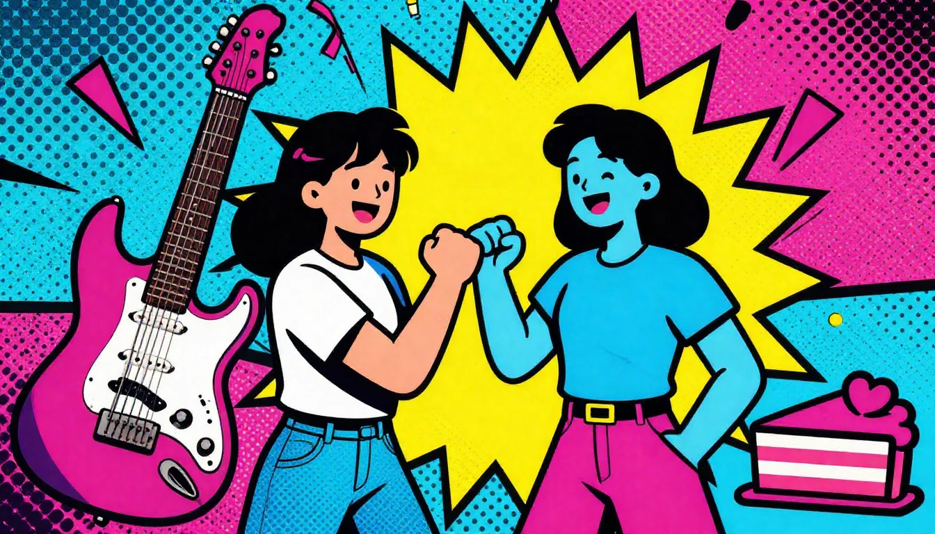 A vibrant Pop Art illustration of a birthday celebration for...