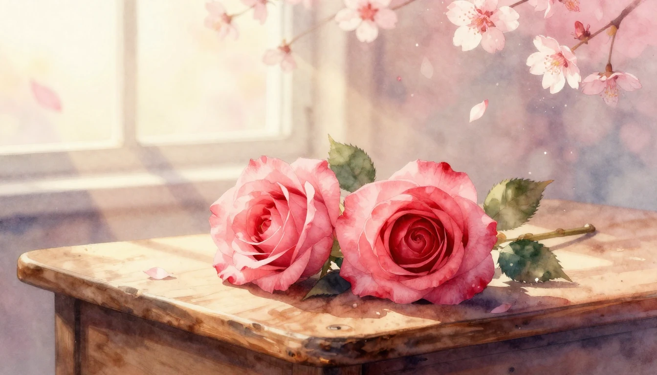 A delicate watercolor painting of two intertwined roses rest...