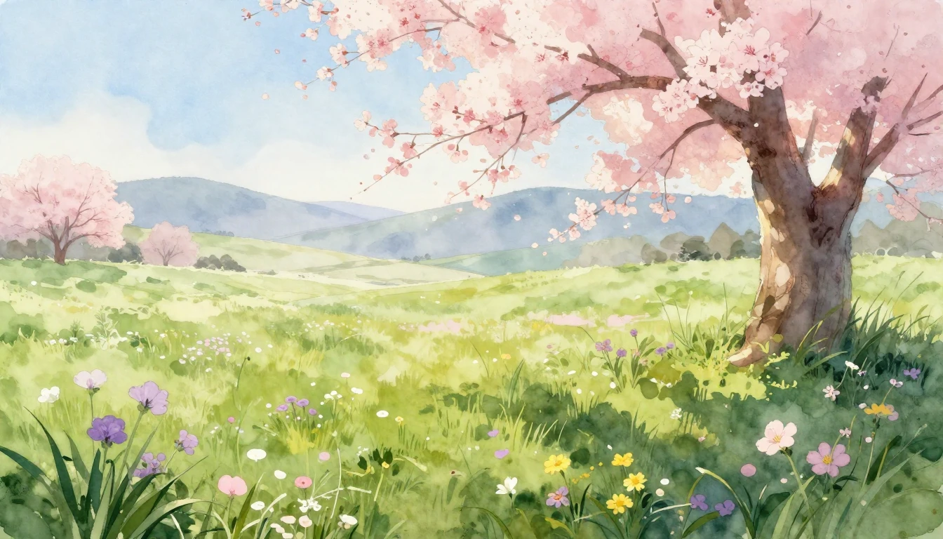 A beautiful watercolor painting of a lush green meadow at da...