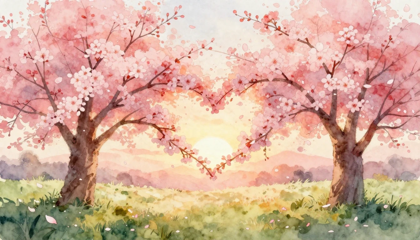 A beautiful watercolor painting of two blooming cherry bloss...