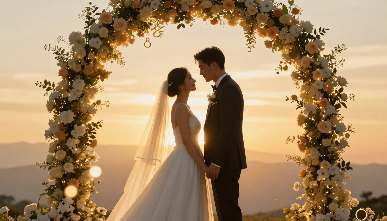 A beautiful and romantic scene of a newlywed couple standing...