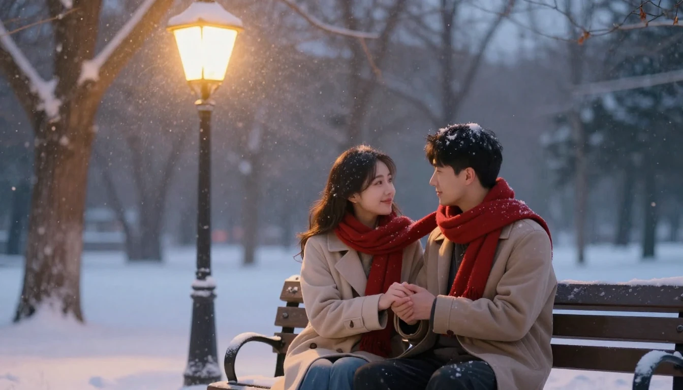 A romantic artistic scene of a couple sitting on a bench in ...