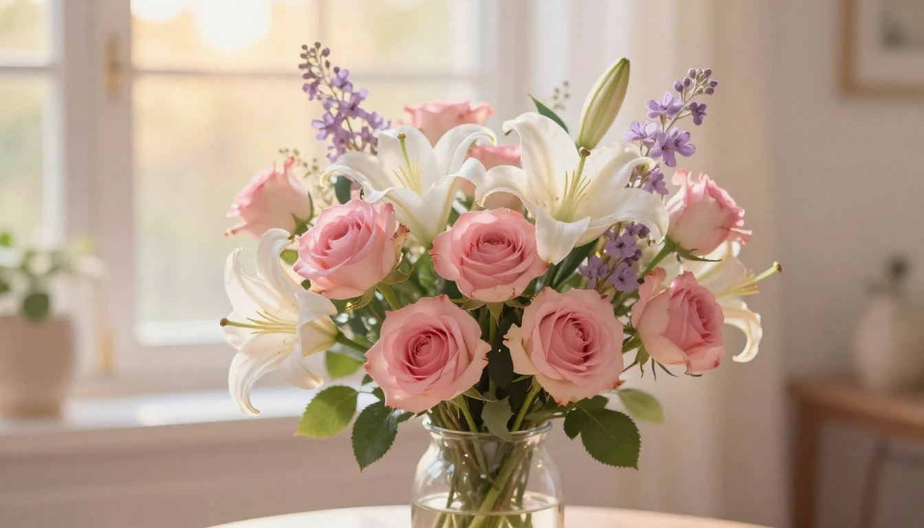 A beautiful and vibrant bouquet of blooming flowers includin...