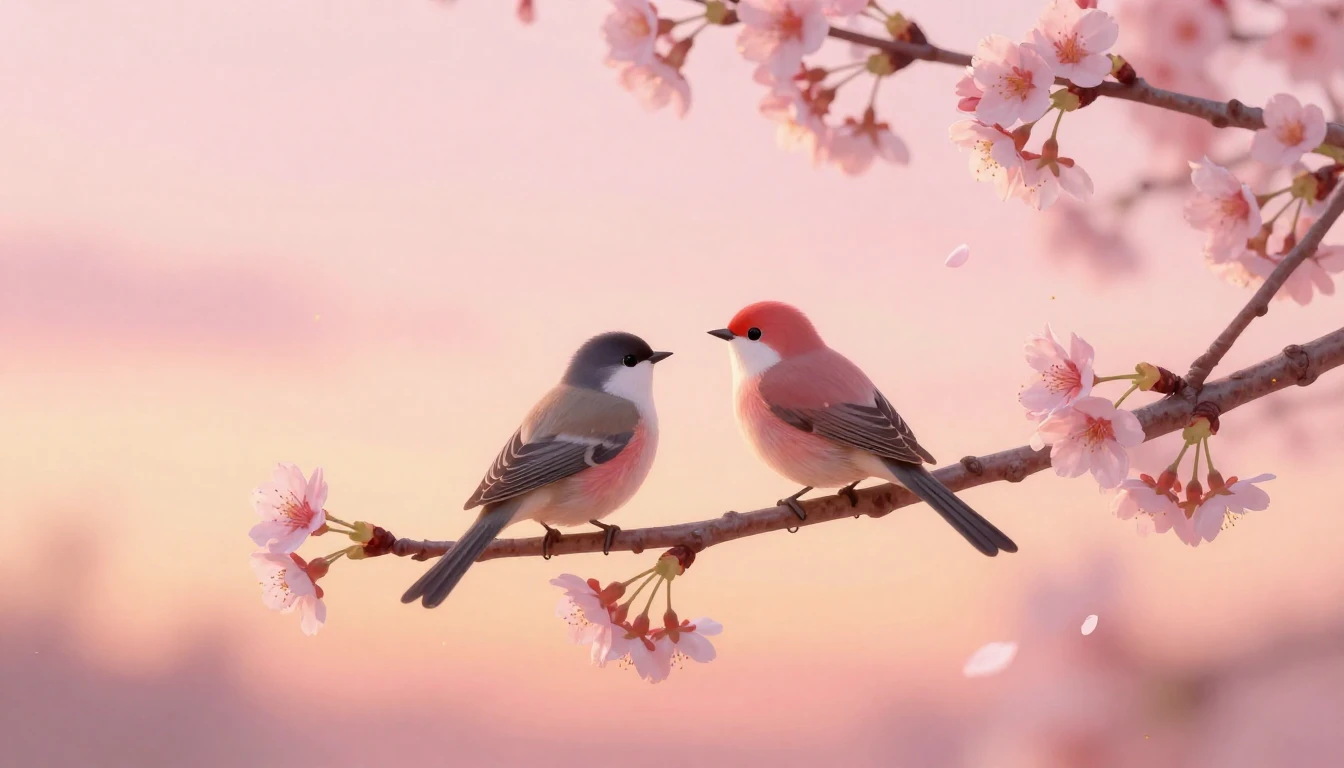 A beautiful and delicate scene featuring two stylized birds ...