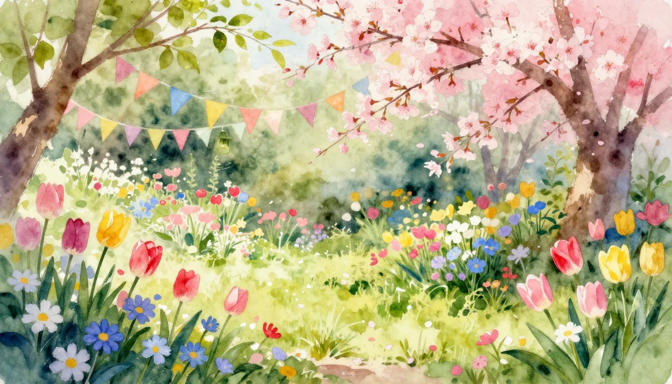 A vibrant watercolor painting of a lush spring garden in ful...