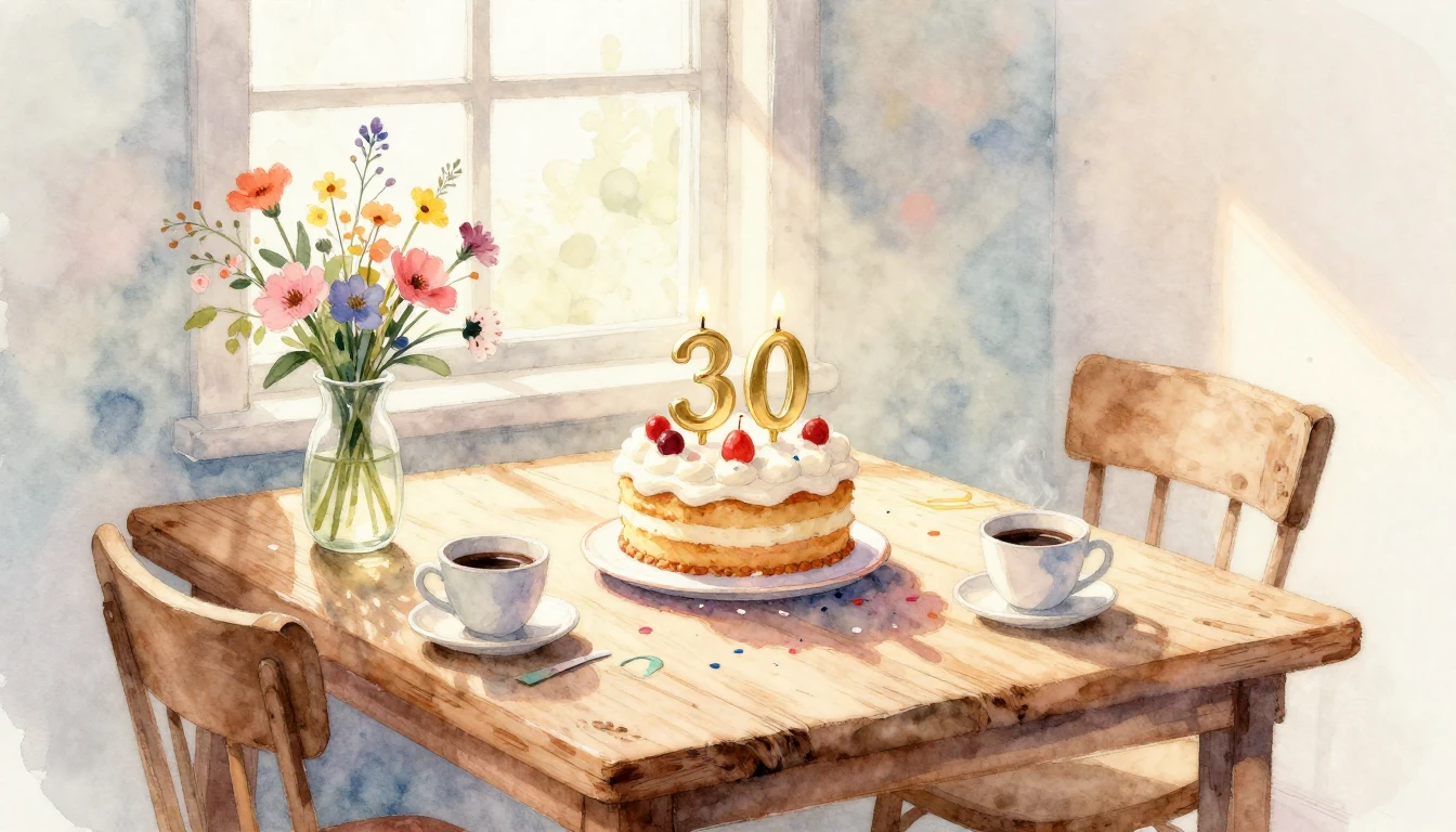 A heartwarming watercolor painting of a small, cozy birthday...