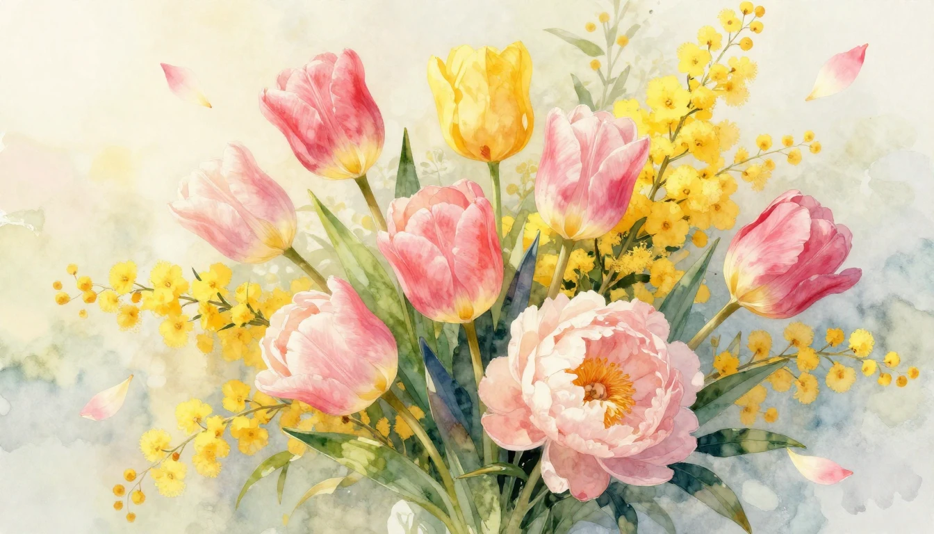 A vibrant and elegant watercolor painting featuring a lush b...