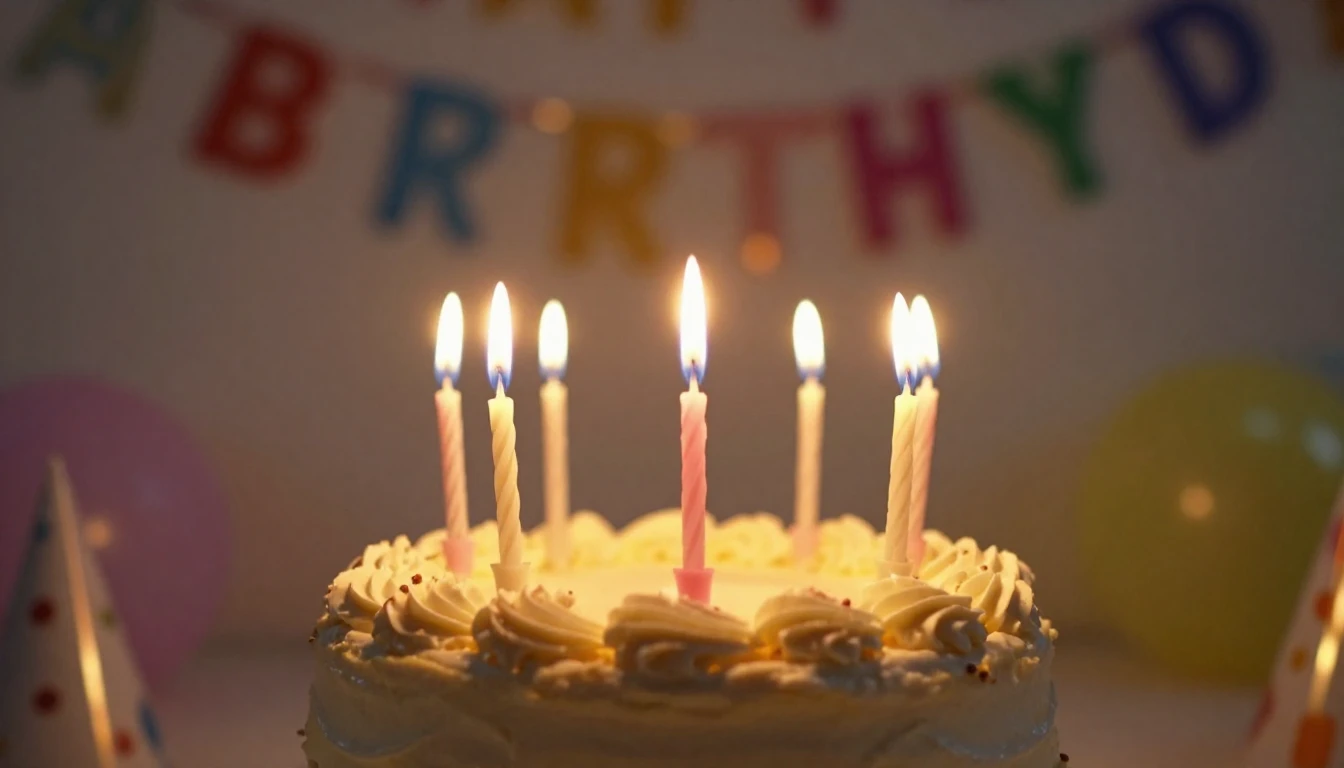 A warm and festive birthday celebration scene, close-up on a...