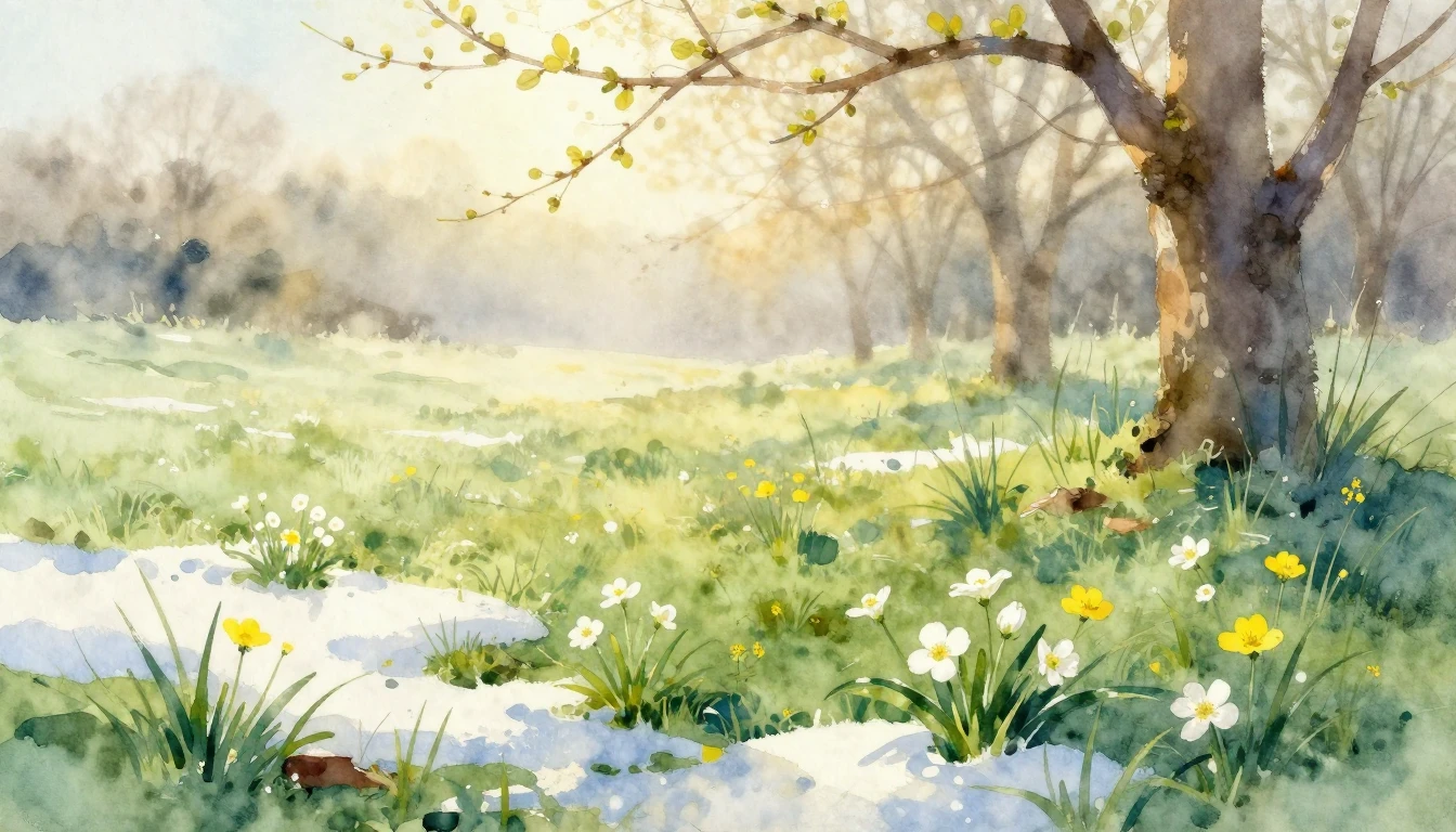 A delicate watercolor painting of a meadow at dawn. Tiny whi...