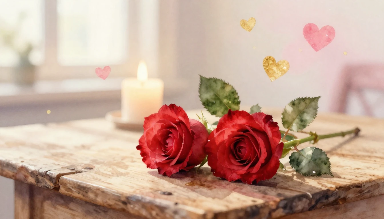 A soft watercolor painting depicting two delicate red roses ...