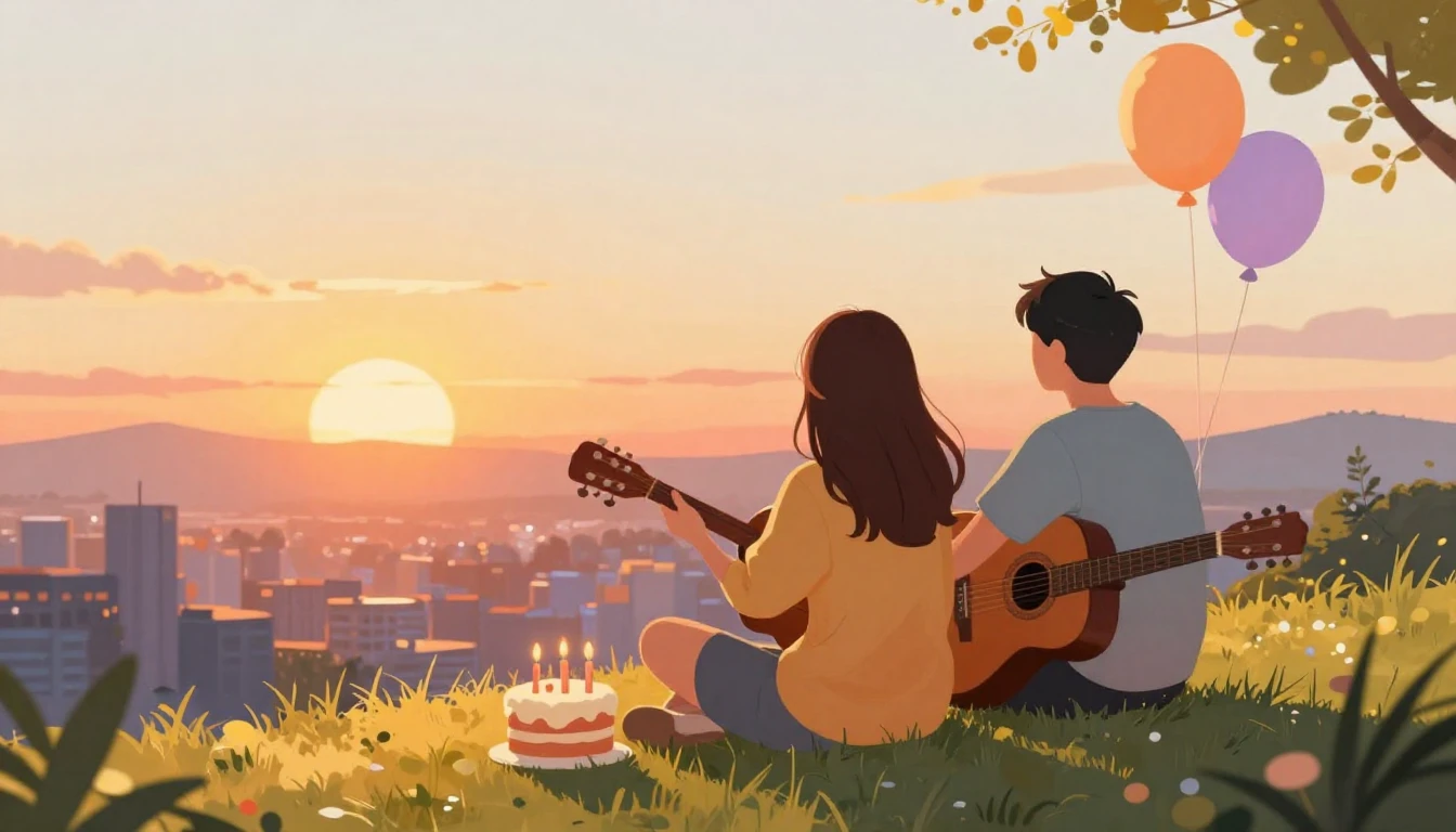 A warm and festive illustration showing two friends sitting ...