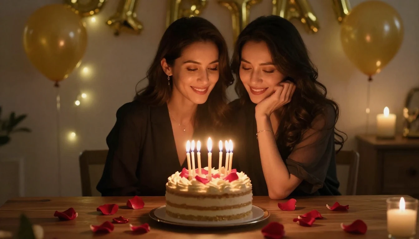 A romantic and elegant scene celebrating a wife's birthday. ...