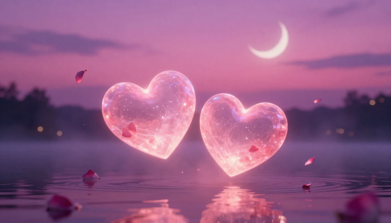 A breathtaking scene of two glowing, ethereal hearts floatin...