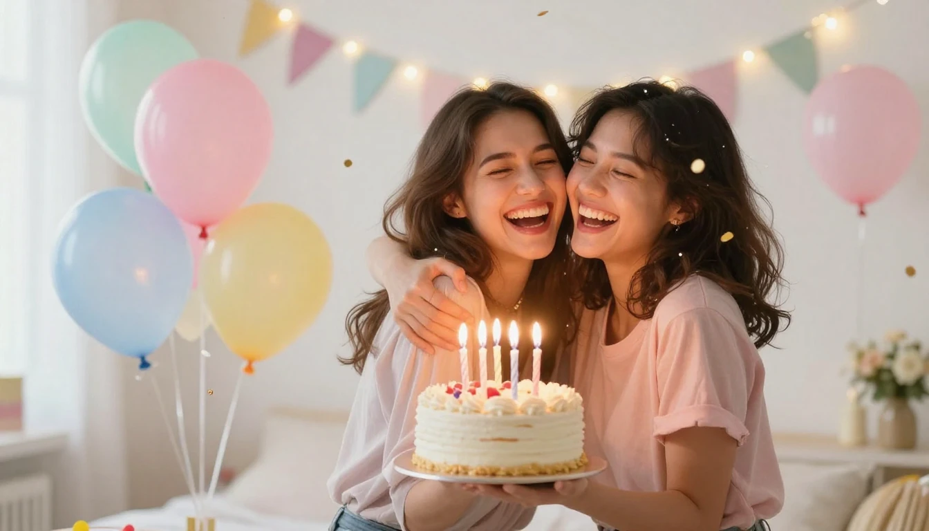 A vibrant and joyful scene of two young women laughing and h...