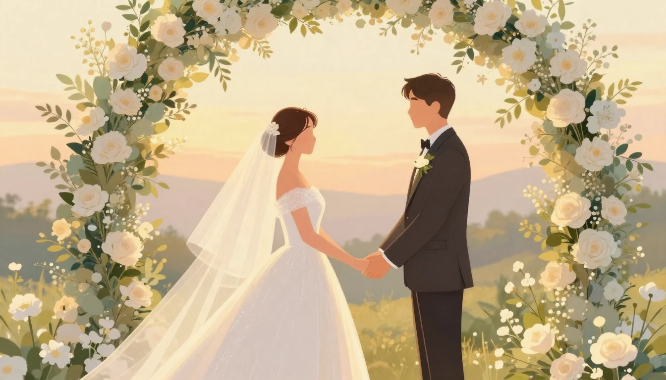 A romantic and soft illustration of a bride and groom holdin...