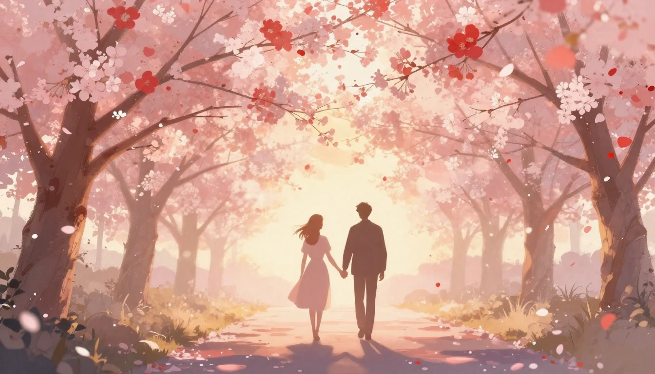 A romantic and dreamy illustration of two silhouettes holdin...