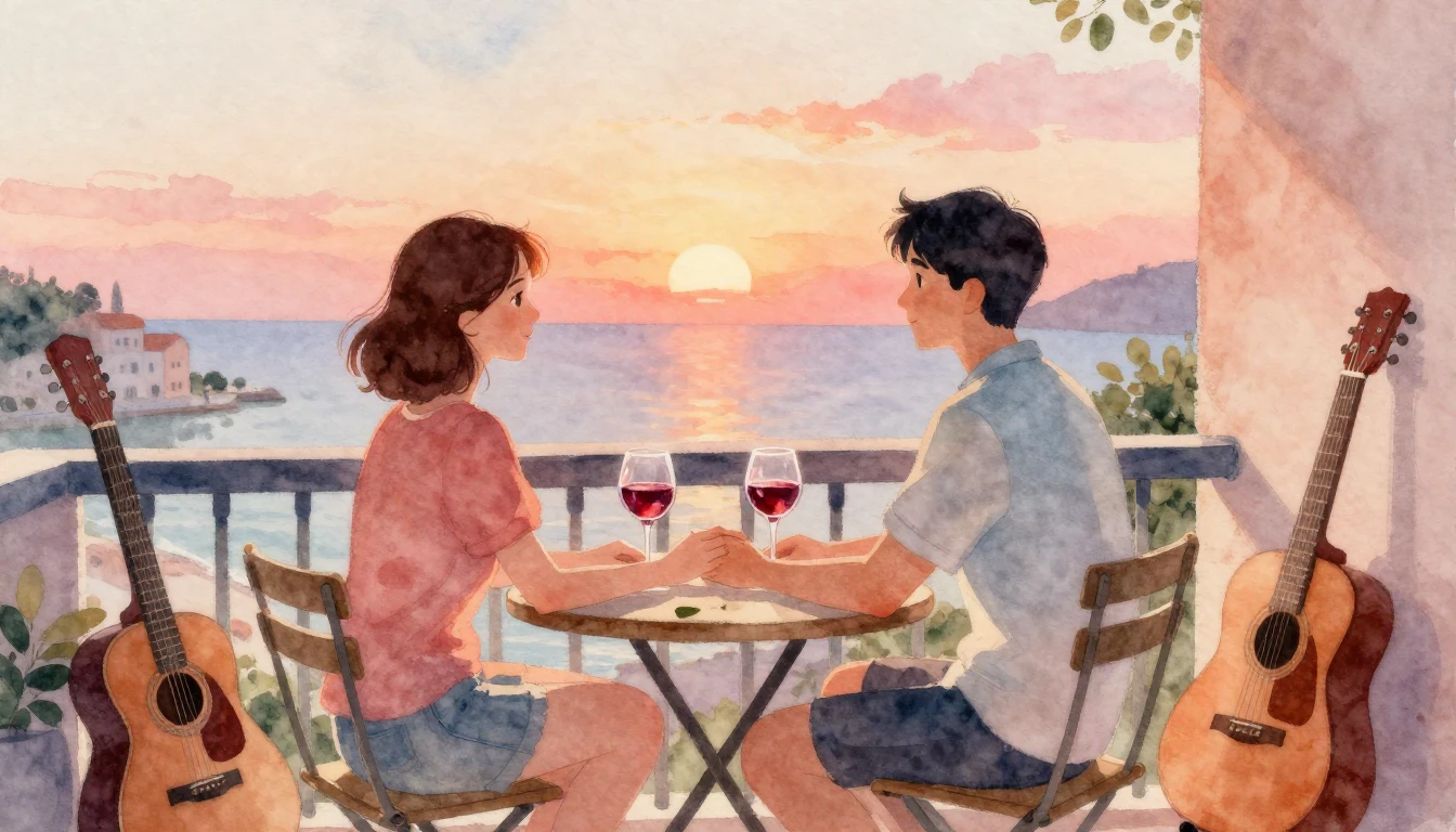 A romantic watercolor painting of a couple sitting on a cozy...