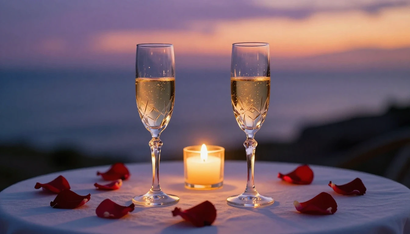 A romantic and intimate dinner setting at sunset. Two elegan...