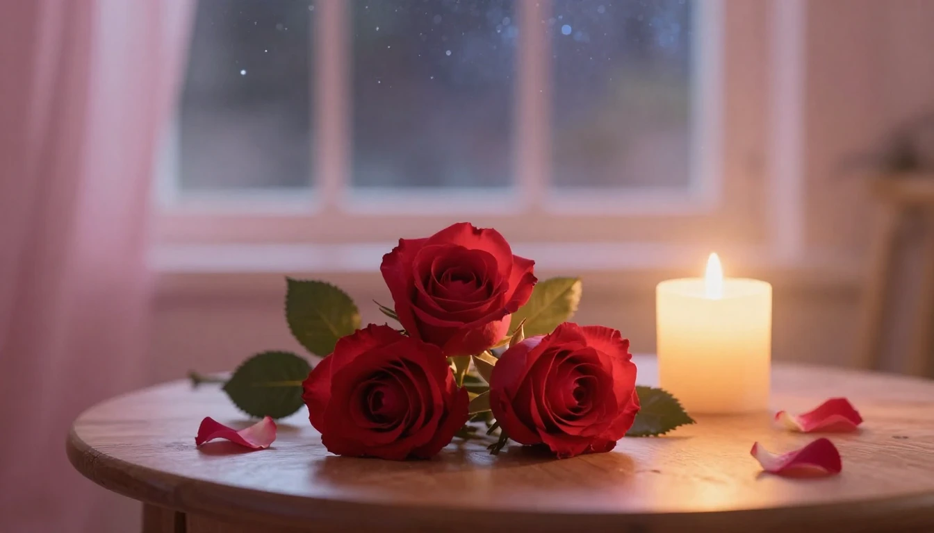 A dreamlike scene of two delicate red roses intertwined on a...