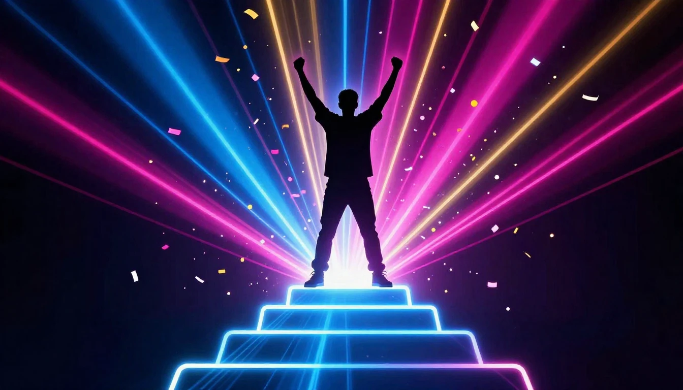 A vibrant conceptual image of a silhouette standing triumpha...