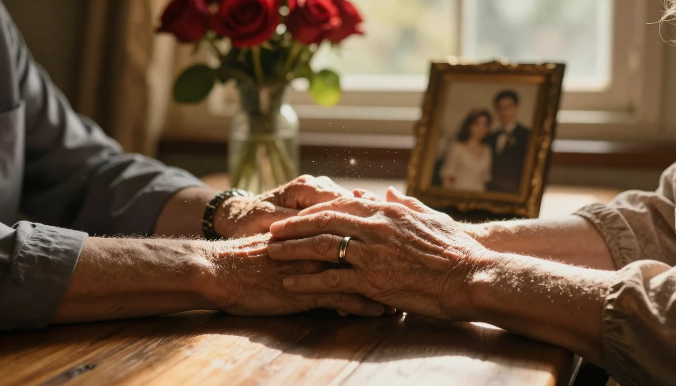 A cinematic close-up shot of an elderly couple's hands holdi...