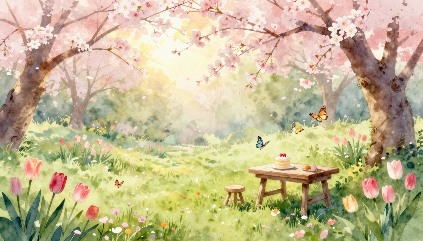 A beautiful watercolor painting of a lush spring garden in f...