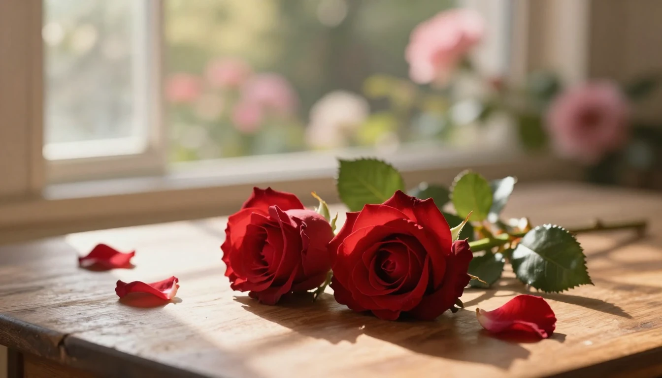 A dreamy and romantic scene featuring two delicate red roses...