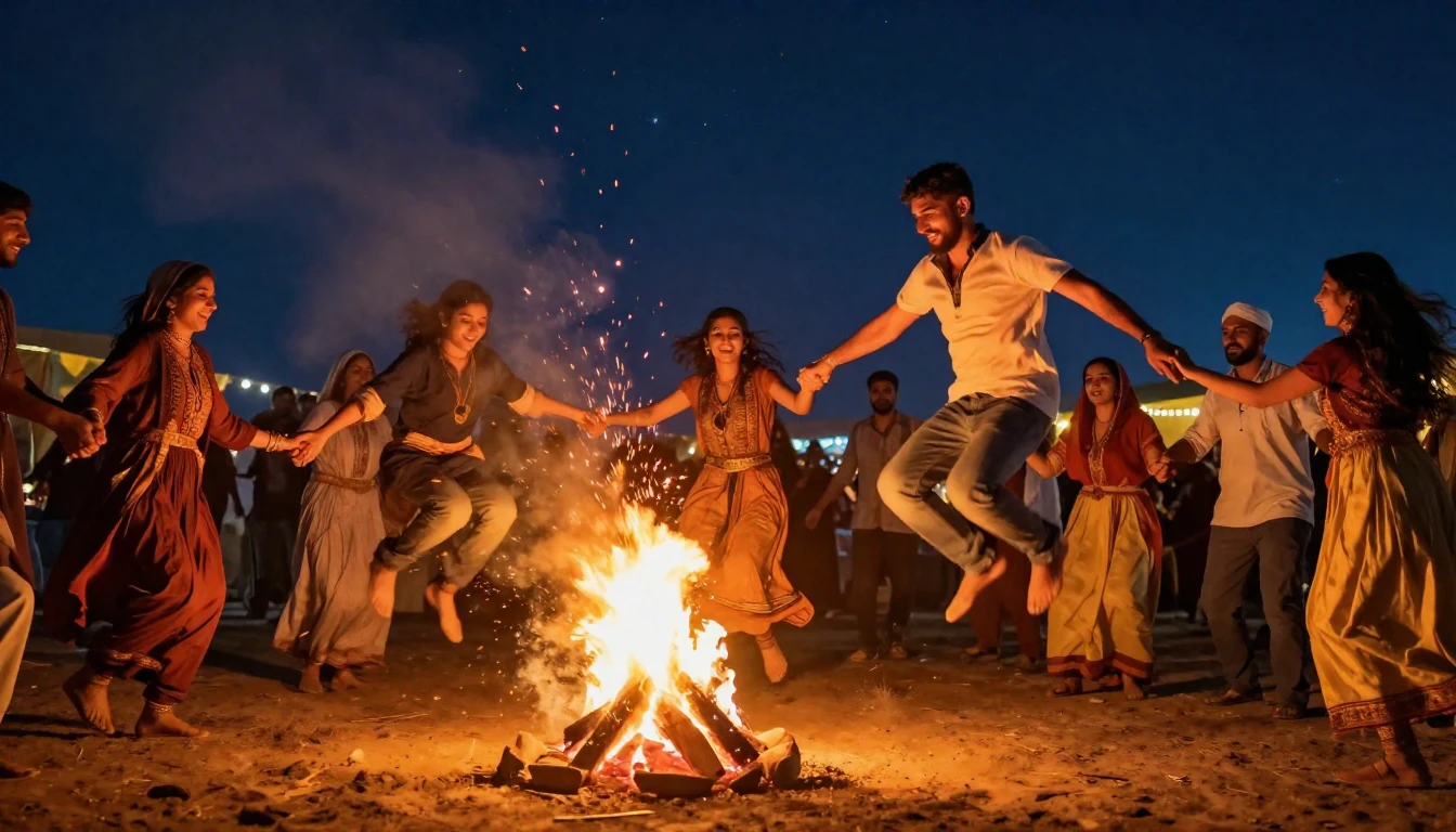 A vibrant and energetic night scene of the Persian festival ...