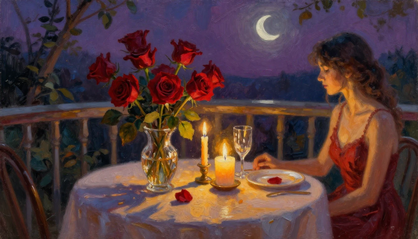 An exquisite oil painting of a candlelit table set for two o...