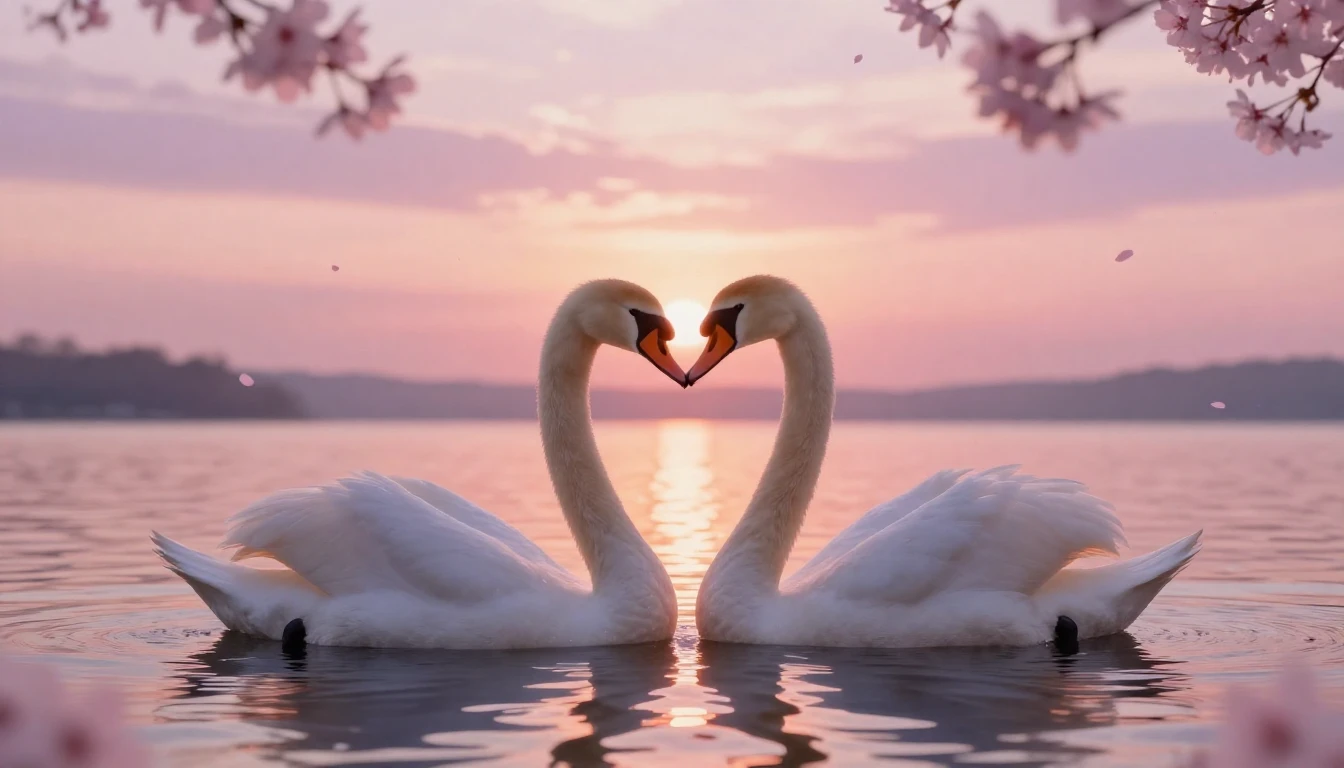 A dreamy and ethereal scene featuring two delicate swans for...
