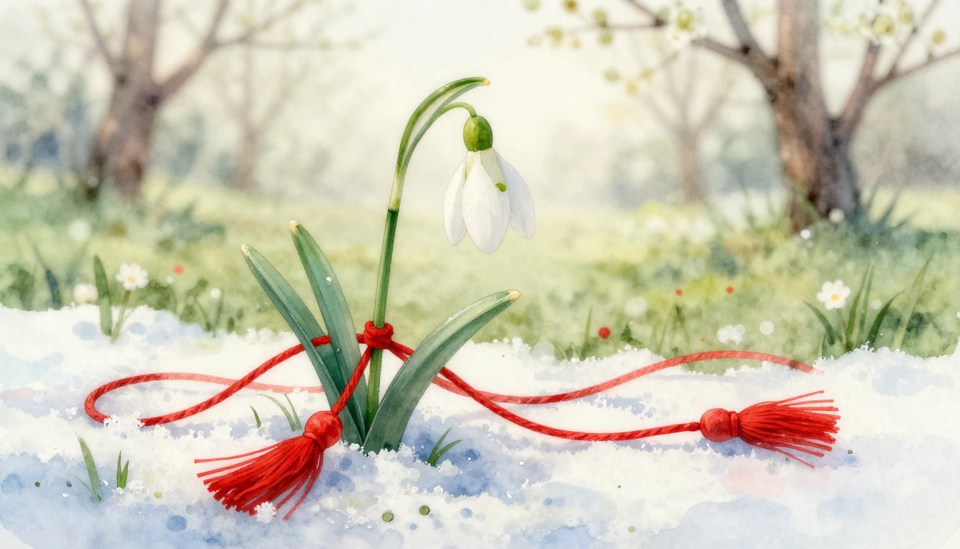 A delicate watercolor painting of a snowdrop flower emerging...