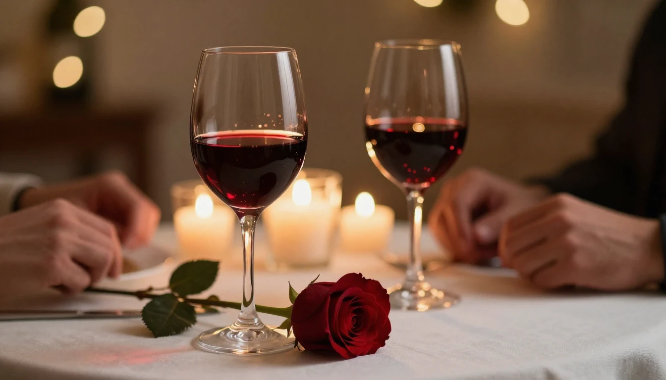A close-up shot of a romantic dinner table for two. Two crys...