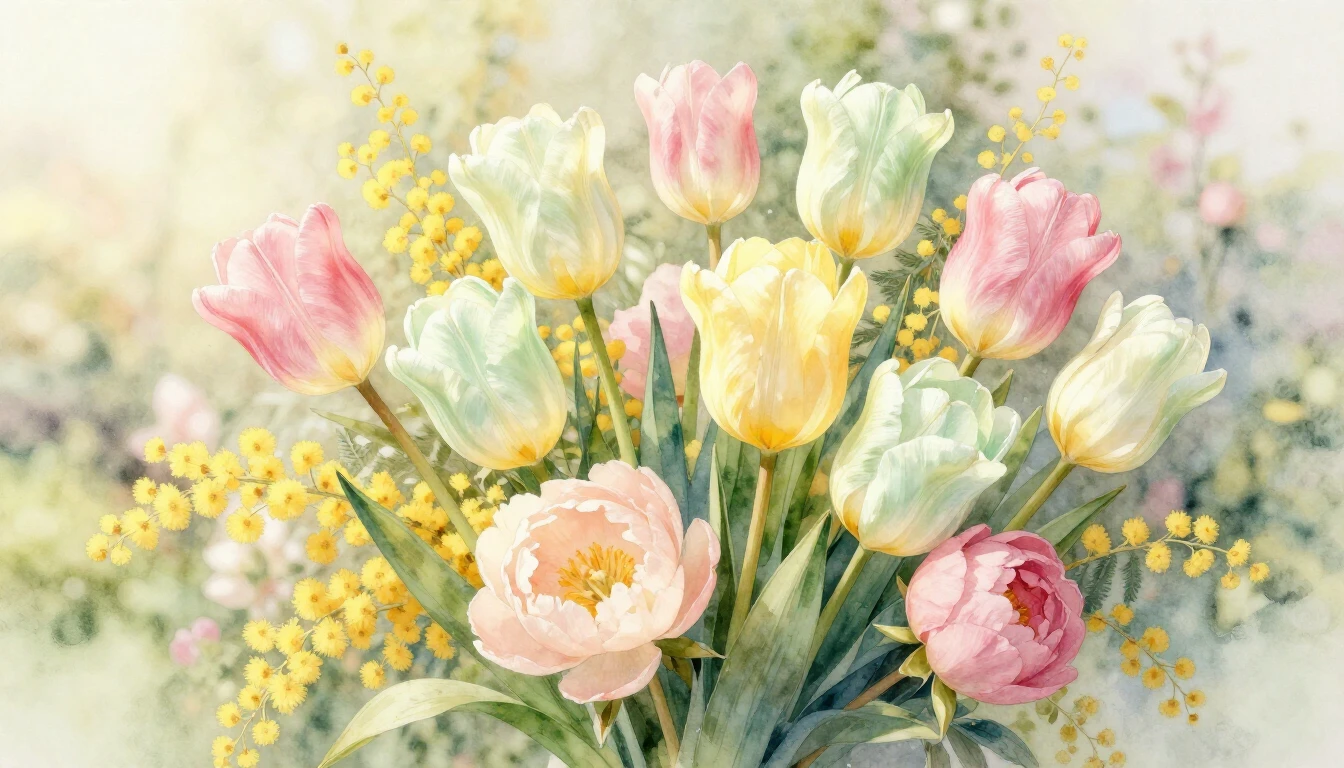 A beautiful watercolor painting of a lush spring bouquet fea...