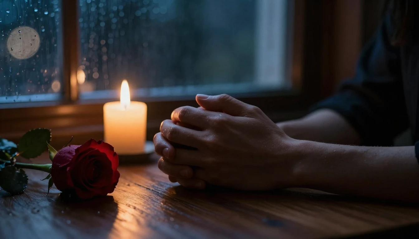 A cinematic close-up shot of two hands intertwining on a woo...