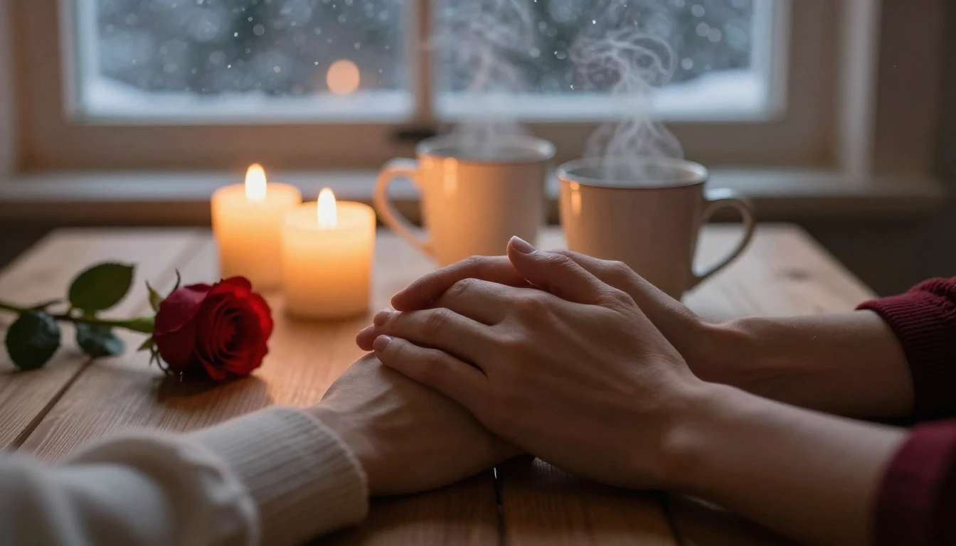 A romantic and cozy close-up scene of two hands holding each...